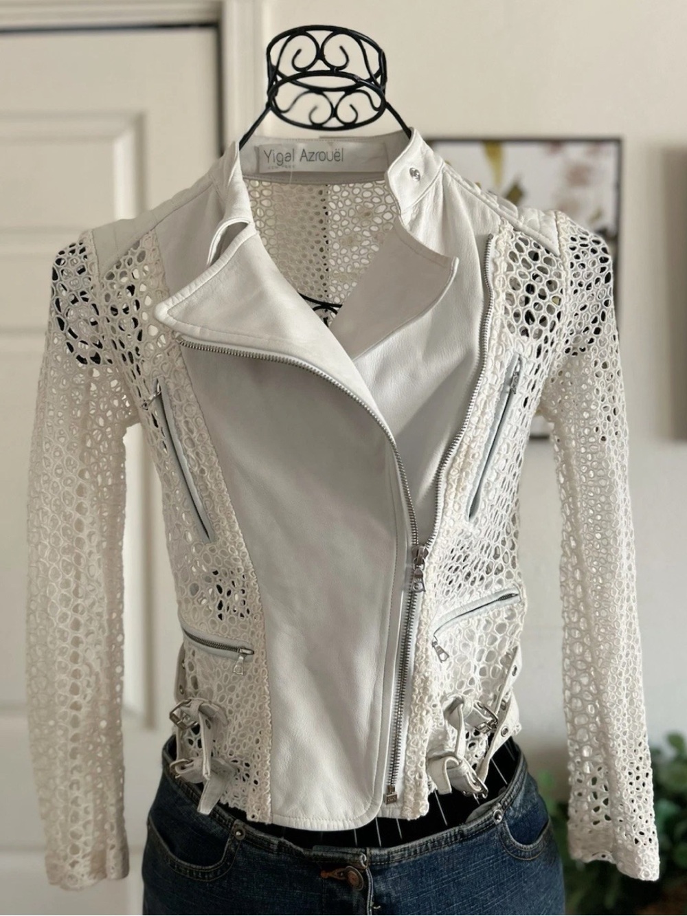 Yigal Azrouel White Eyeley Leather Moto Jacket